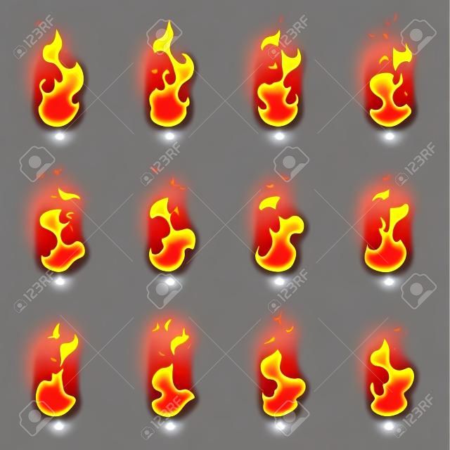 Ateş sprite sayfası. Karikatür vektör alev oyun animasyon. Oyun için alev kümesi, yanık parlak ateş tasarımının illüstrasyonu