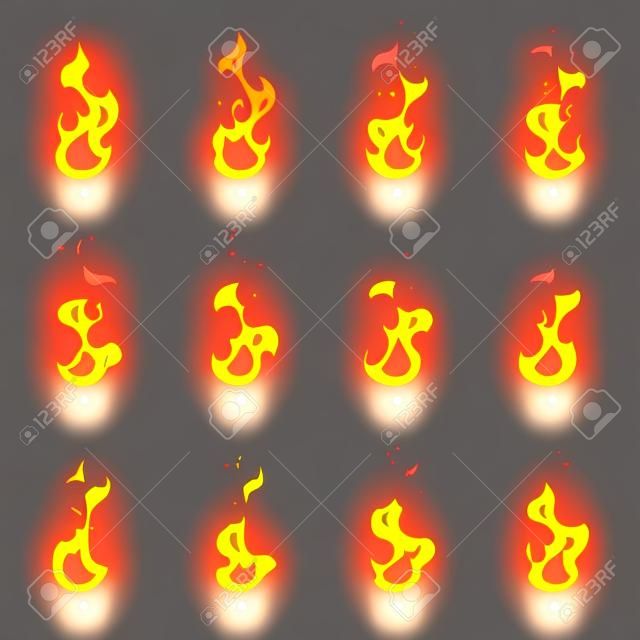 火スプライト シート。ベクターの漫画炎ゲーム アニメーション。やけど明るい火デザインのゲームは、図のための炎のセット