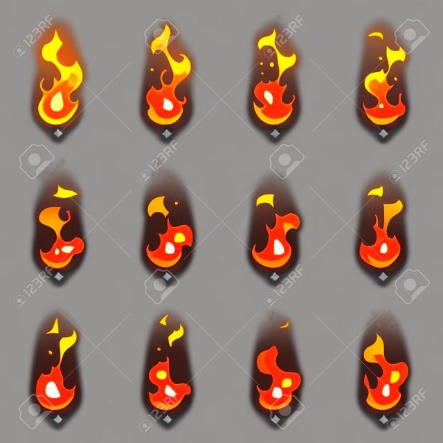 Ateş sprite sayfası. Karikatür vektör alev oyun animasyon. Oyun için alev kümesi, yanık parlak ateş tasarımının illüstrasyonu