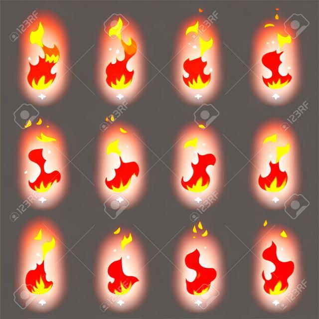 Arkusz ognia. Cartoon animacji płomienia animacji wektorowej. Zestaw płomienia dla gry, ilustracji spalania jasny projekt ognia