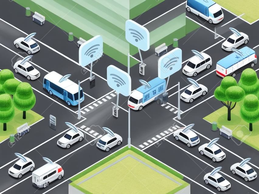 Voertuigen met infrarood sensor apparaat. Onbemande slimme auto's in stadsverkeer vector illustratie. Sensor auto autonome rijden op de weg stad