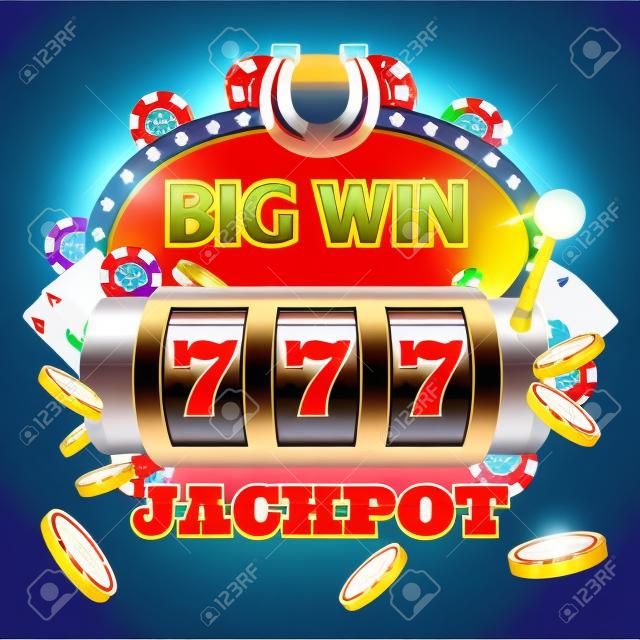 Gran victoria 777 lotería vector concepto de casino con máquina tragaperras. Win jackpot en juego ilustración de la máquina tragaperras