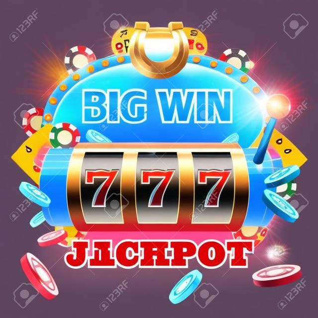 Groot winnen 777 loterij vector casino concept met gokautomaat. Win jackpot in spel slot machine illustratie
