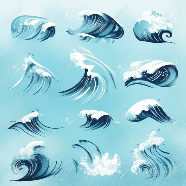 스케치 파도. 손으로 그린 해양 벡터 조수입니다. 파도 물 폭풍 바다 그림