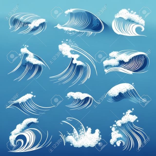Bosquejo de las olas del océano. Mareas de vectores marinos dibujados a mano. Ilustración de mar de tormenta de agua de onda