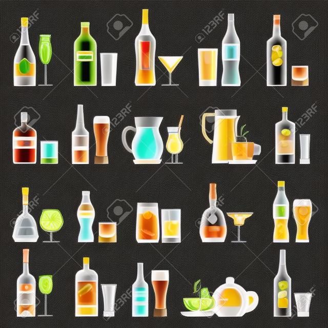 酒精和軟飲料。飲料在玻璃和瓶扁平的矢量圖標。雞尾酒和酒精瓶，咖啡和飲料飲料插圖