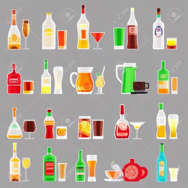 酒精和軟飲料。飲料在玻璃和瓶扁平的矢量圖標。雞尾酒和酒精瓶，咖啡和飲料飲料插圖