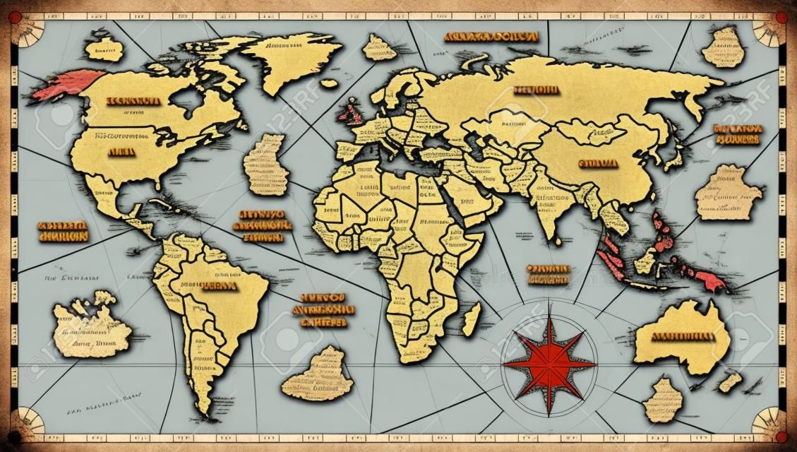Vector antieke wereldkaart met landsgrenzen. Antieke wereld vintage kaart, grunge america en europe illustratie
