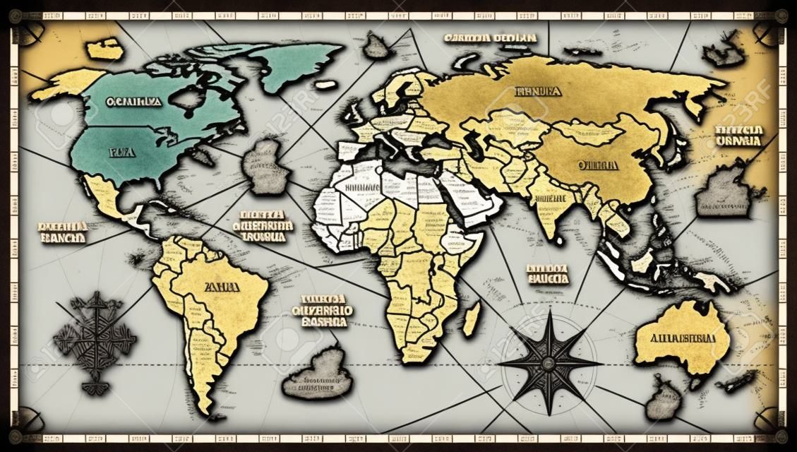 Vector antieke wereldkaart met landsgrenzen. Antieke wereld vintage kaart, grunge america en europe illustratie