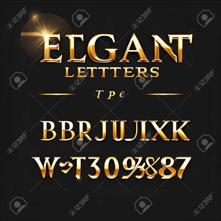 Elegant golden letters. Shiny gold vector alphabet. Letter type golden metallic, abc and numbers yellow illustration