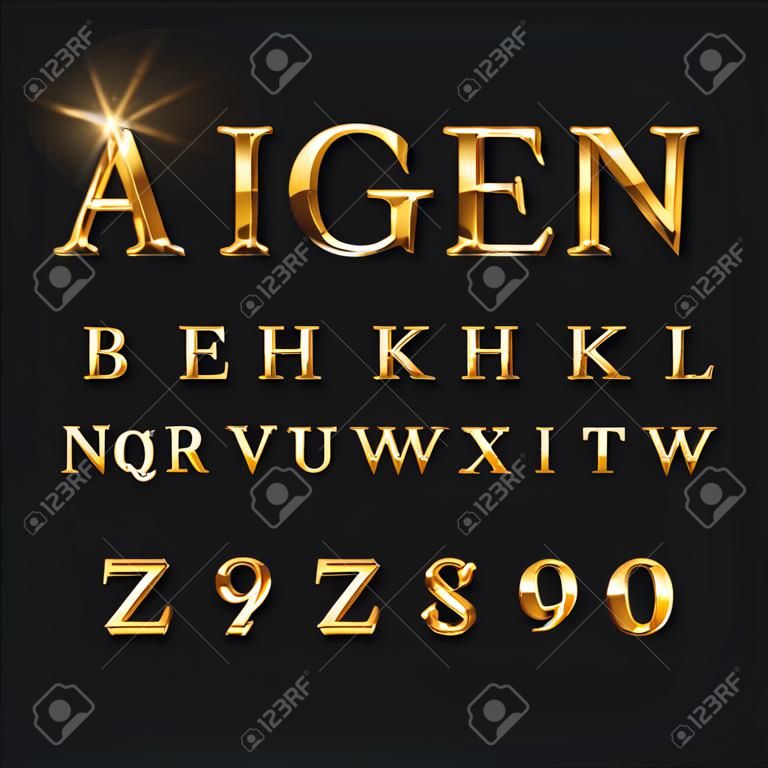 Letras douradas elegantes. Alfabeto vetorial dourado brilhante. Tipo de letra metálico dourado, abc e ilustração amarela dos números