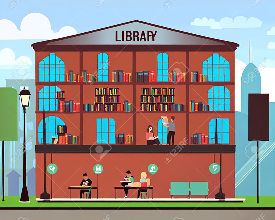 Concept de bibliothèque publique avec différents étudiants lisant des livres. Illustration vectorielle