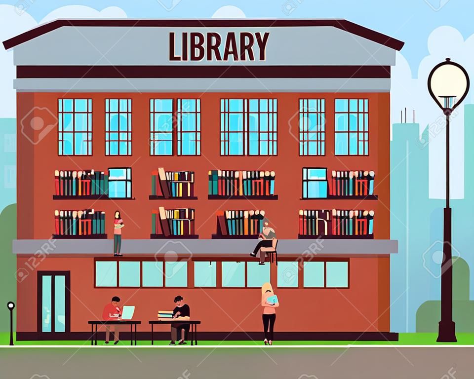Public library concept with different students reading books. Vector illustration