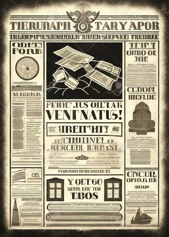 Oude krant vector template. Retro krantenpapier met tekst en afbeeldingen