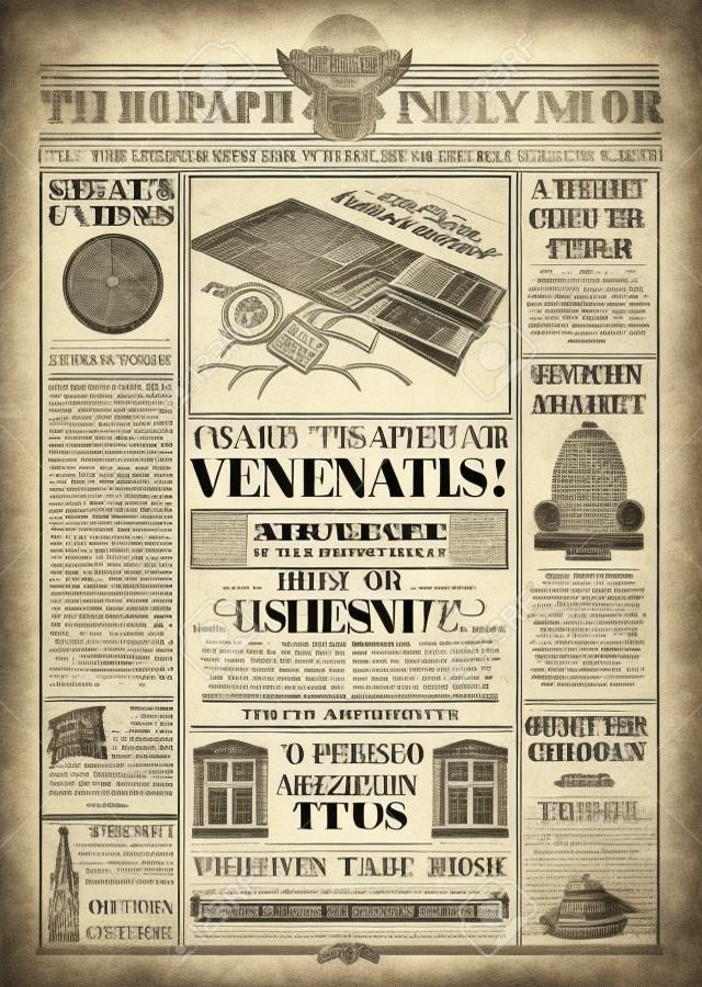 Modelo vetorial de jornal antigo. Impressão de notícias retro com texto e imagens