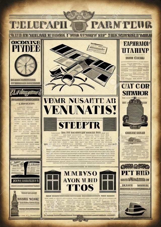 Old newspaper vector template. Retro newsprint with text and images