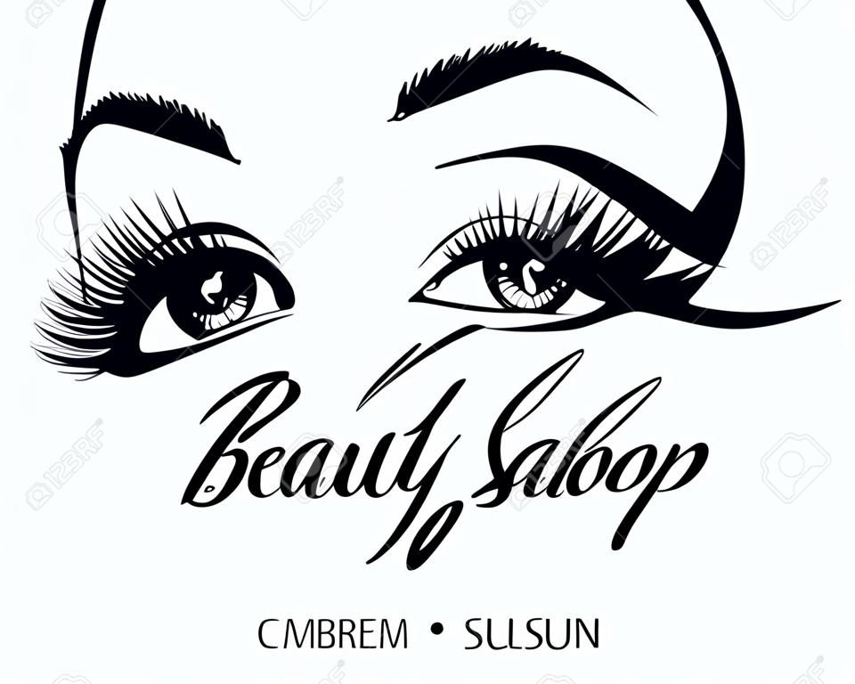 Beauty salon vector poster with eyes, eyelashes and eyebrow of beautiful woman. Beauty makeup eyes, fashion female face on poster illustration