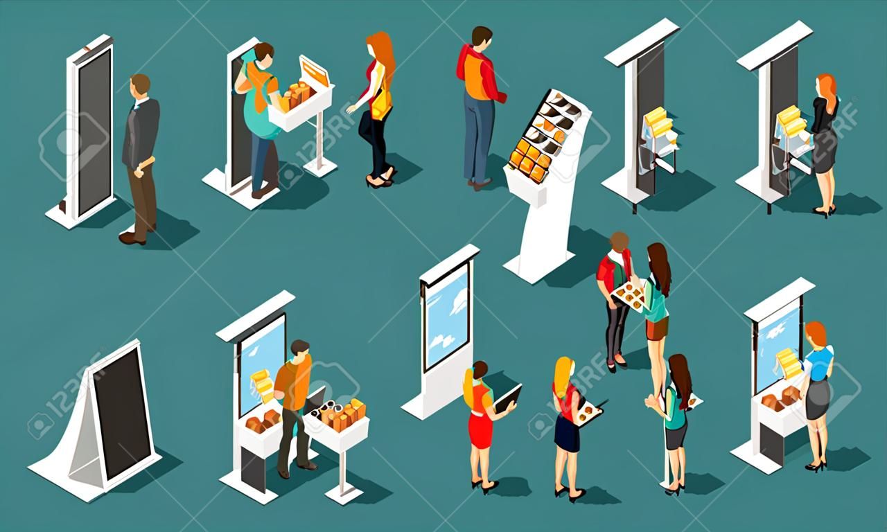 People standing at expo promotional stands vector 3d isometric set. Exhibition promotional and demonstration panel, promo desk for shop illustration