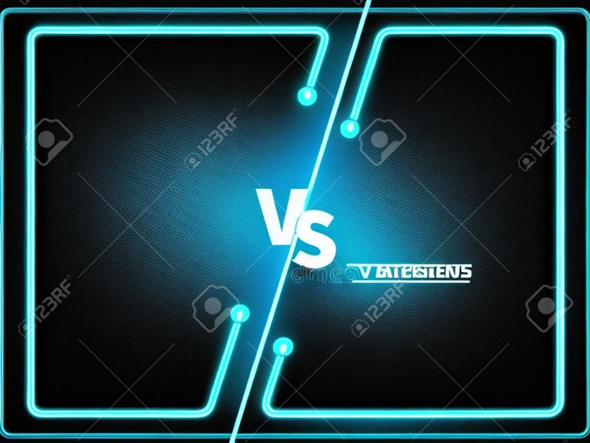 Versus battle, pantalla de confrontación empresarial con marcos de neón y vs logo ilustración vectorial