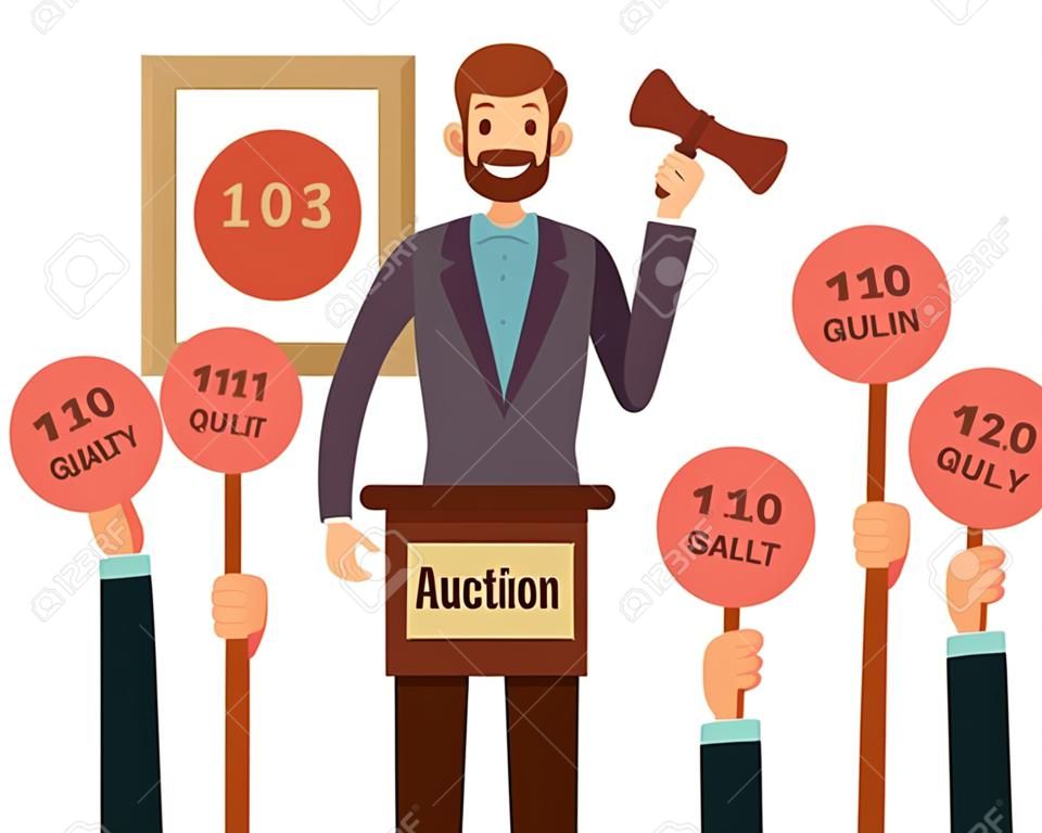 Auction with man holding gavel and people raised hands with bid paddles vector concept. Auction business, bid and sale, trade commercial illustration