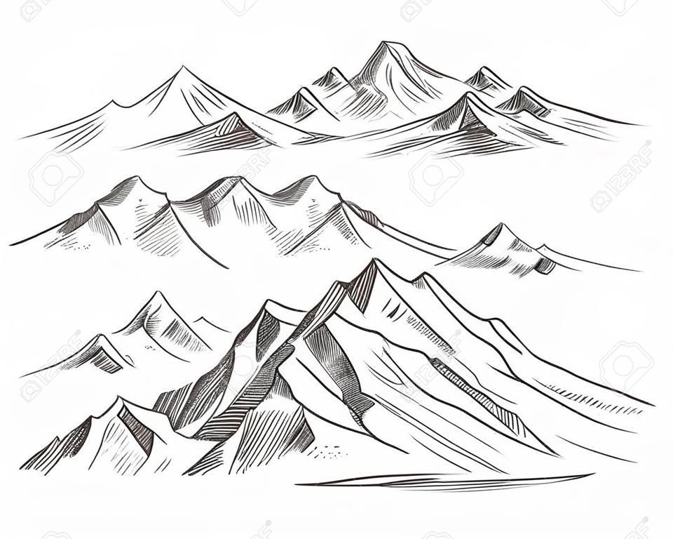 Hand drawing mountain ranges in engraving style. Vintage mountains panorama vector nature landscape. Peak outdoor sketch, landscape mountain range illustration