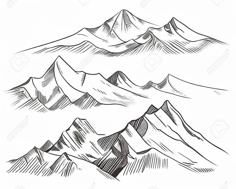 조각 스타일에서 산맥을 그리는 손. 빈티지 산 파노라마 벡터 자연 풍경입니다. 피크 야외 스케치, 풍경 산맥 그림