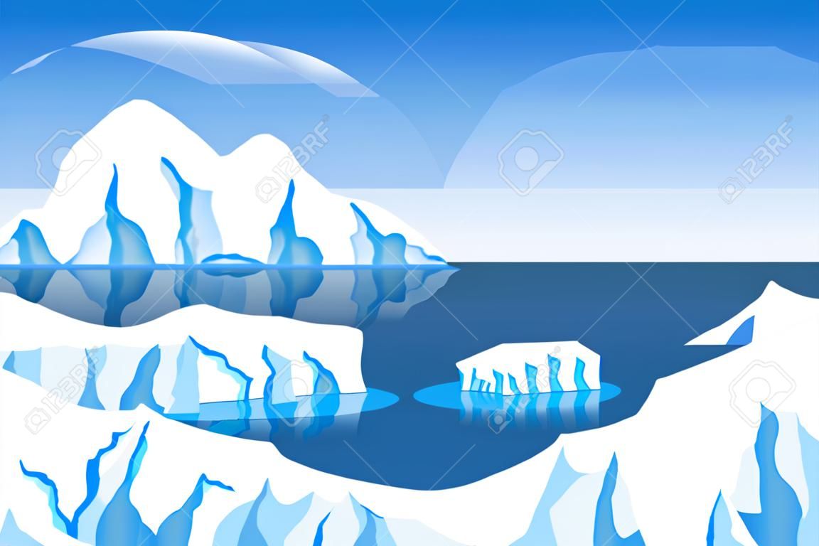 Cartoon inverno polare artico o paesaggio di ghiaccio antartico con iceberg in mare illustrazione vettoriale
