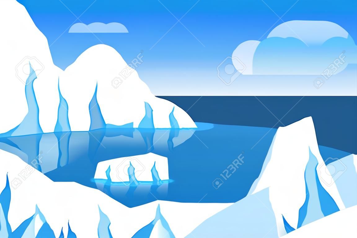 Cartoon inverno polare artico o paesaggio di ghiaccio antartico con iceberg in mare illustrazione vettoriale