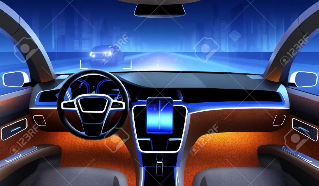 Futuro veículo autônomo, interior do carro sem motorista com obstáculos e paisagem noturna do lado de fora.
