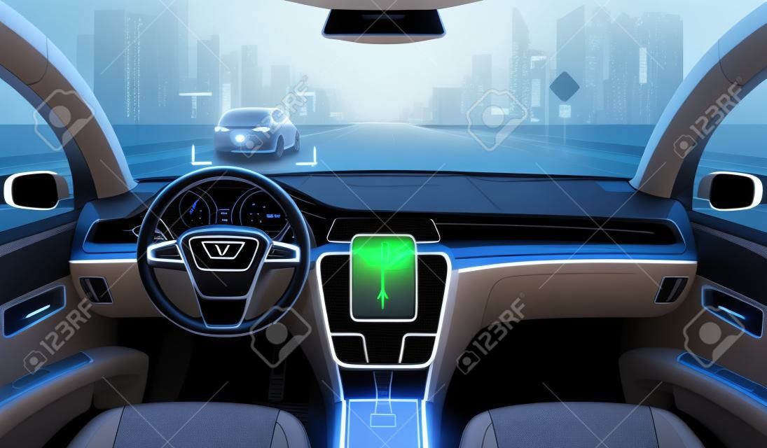 Futuro veículo autônomo, interior do carro sem motorista com obstáculos e paisagem noturna do lado de fora.