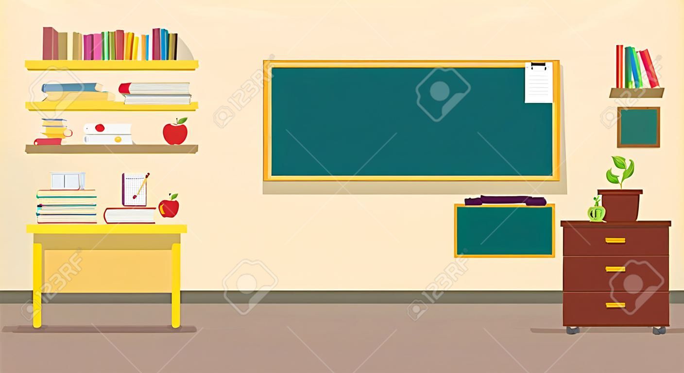 Interior da sala de aula da escola com mesa de professores e ilustração vetorial de quadro-negro
