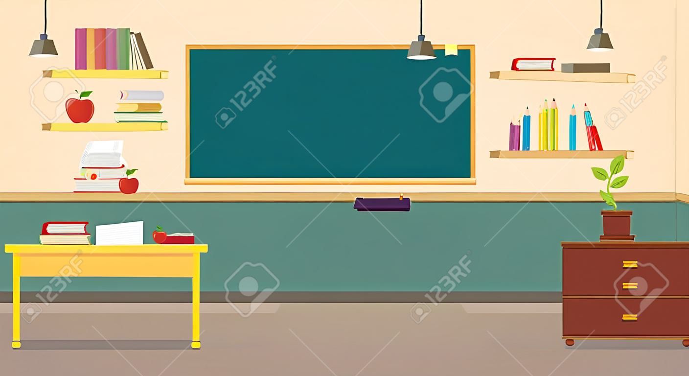 没人学校教室的内部与老师的桌子和黑板矢量图