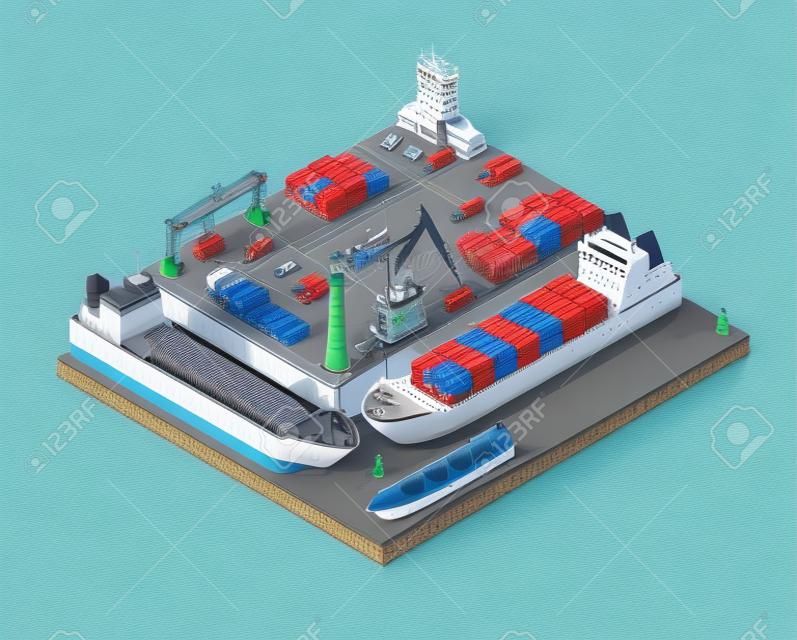 港の空中写真で貨物船、クレーンおよび容器が付いている等角計の3d港のターミナル。海運業界のベクトル概念。荷下ろし、輸出、保管用の輸送ターミナル船