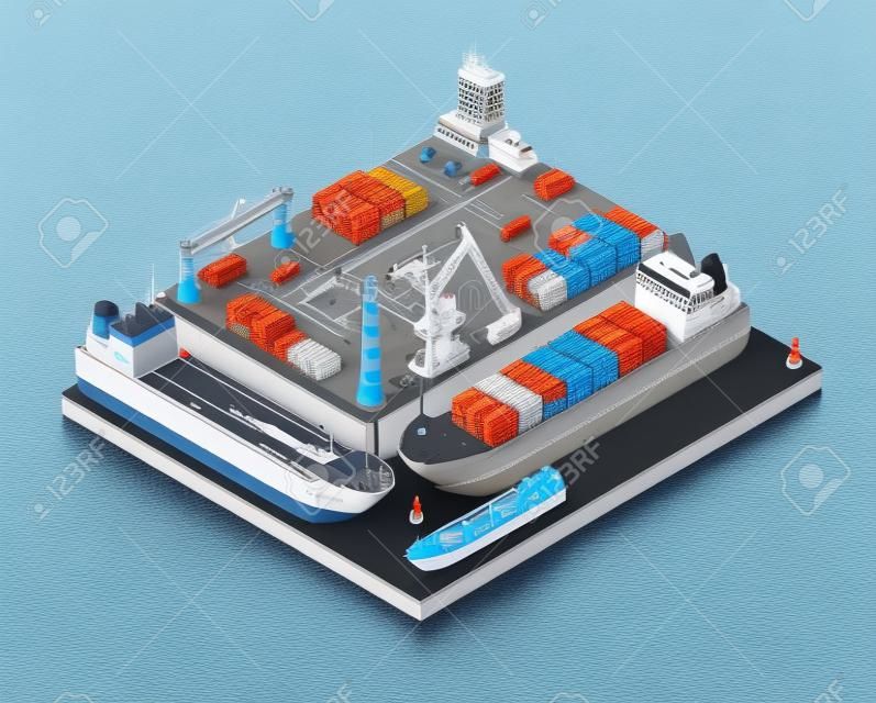 Isometric 3d seaport terminal with cargo ships, cranes and containers in harbor aerial view. Shipping industry vector concept. Transport terminal ship for unloading, export and storage illustration