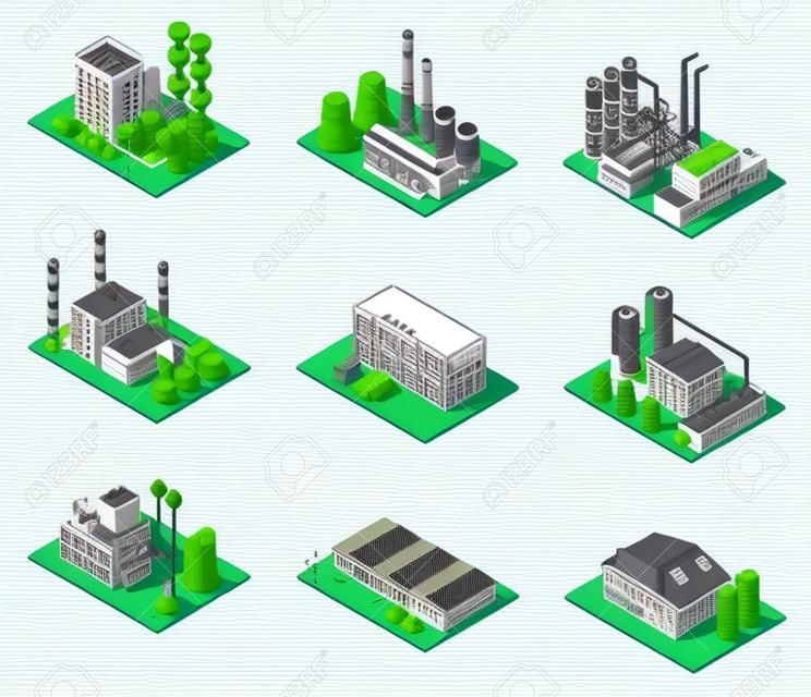 아이소 메트릭 공장 설정. 3d 산업용 건물, 발전소 및 창고. 격리 된 벡터 컬렉션입니다. 산업 공장 및 창고, 산업 3d 제조 생산 그림