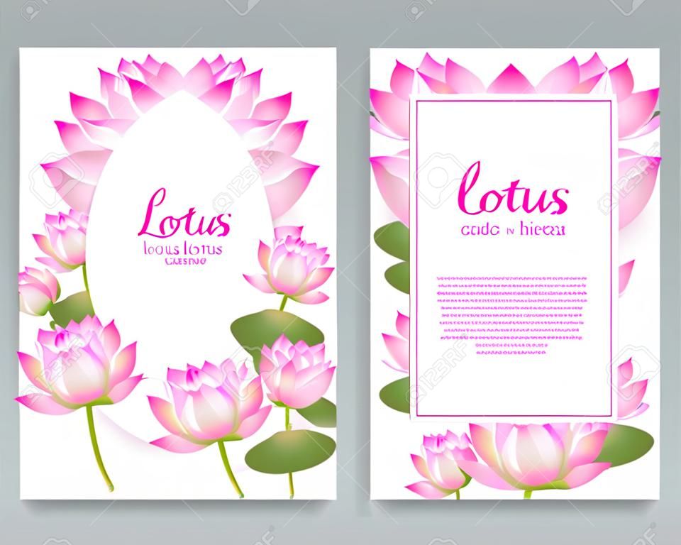 Wedding card with pink lotus. Water flower blossom greeting card. Healing garden lotuses floral background. Banner and card, poster with floral flower blossom. Vector illustration