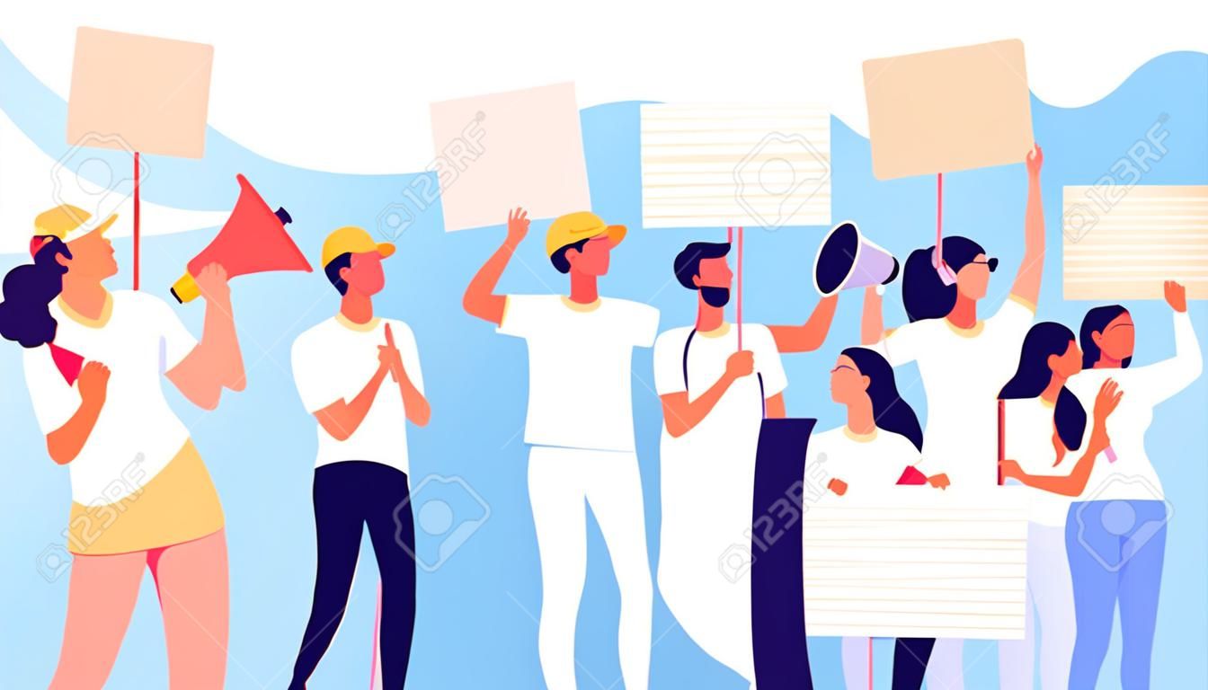 Protest landing. Human rights, people with placards, protesting activists with loudspeakers. Working strike vector web page. Illustration of web page, activist with placard, right protesting