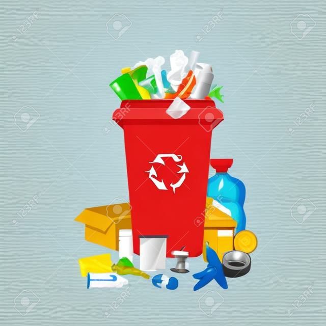 Garbage waste. Overflowing trash can, dirty rubbish bin. Recyclable mixed junk container. Different litter and dustbin vector illustration. Waste and garbage, trash container, overflowing rubbish bin