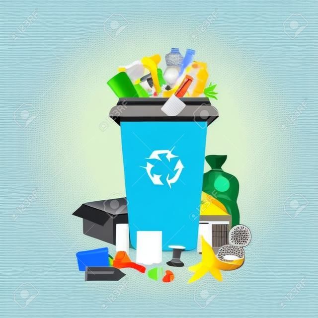 Garbage waste. Overflowing trash can, dirty rubbish bin. Recyclable mixed junk container. Different litter and dustbin vector illustration. Waste and garbage, trash container, overflowing rubbish bin