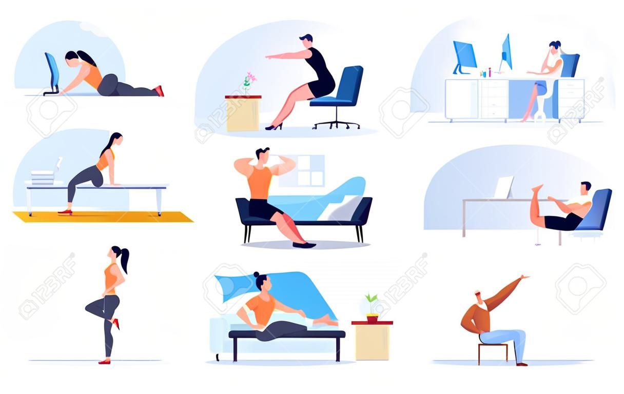 Office syndrome. Stretching exercise, neck back shoulder stretch. Sitting work from home, fitness workout for freelancer vector illustration. Office body syndrome, business stretching for health