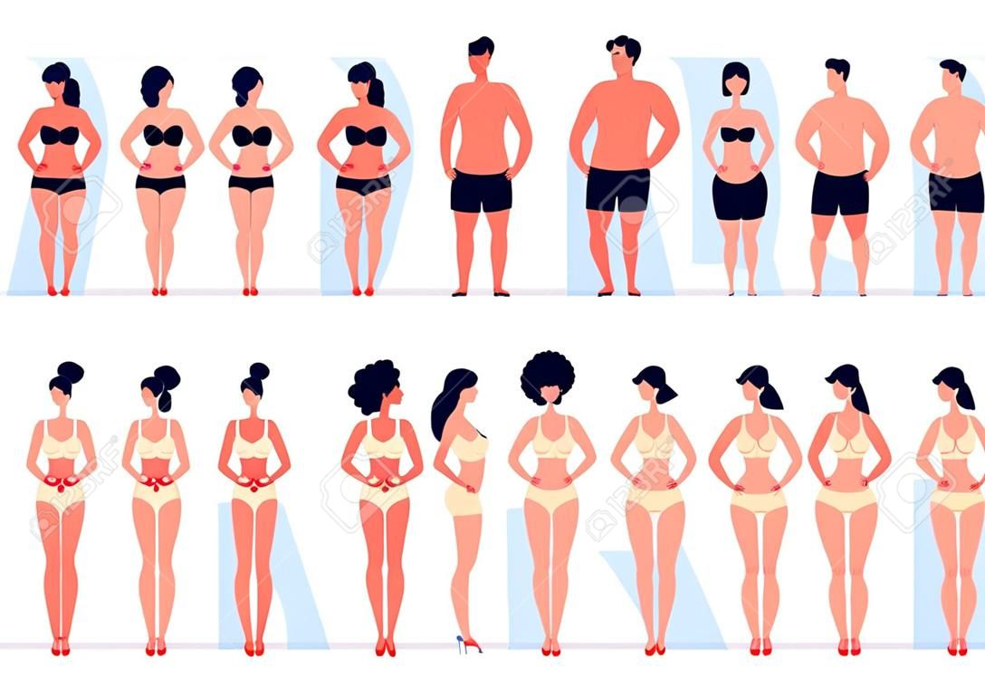 Set of female bodies types figures. Set of beautiful silhouettes of women  in underwear of different