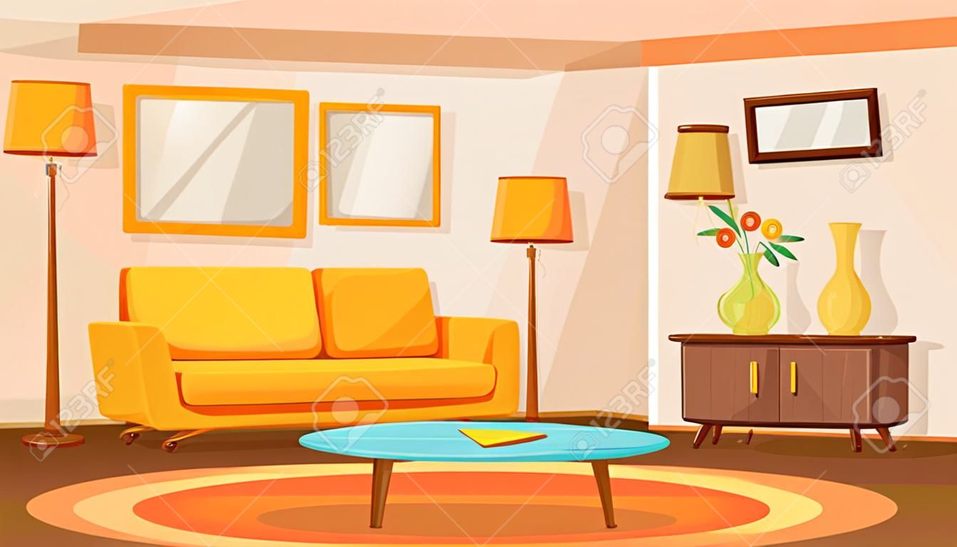 Cartoon living room interior. Flat empty sofa, indoor area design. Modern apartment hall with furniture carpet, lounge recent vector background