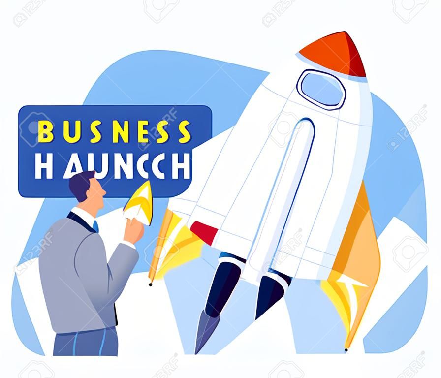 Business launch. Launching startup, fly spaceship new project. Start process, management work strategy or innovation mission utter vector concept