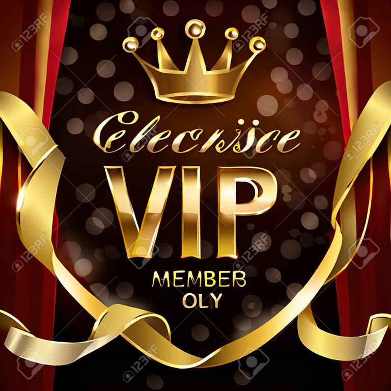 Elegancia y exclusiva invitación vectorial de fiesta con corona dorada de lujo. Invitación vip solo para miembros, ilustración del club vip de lujo