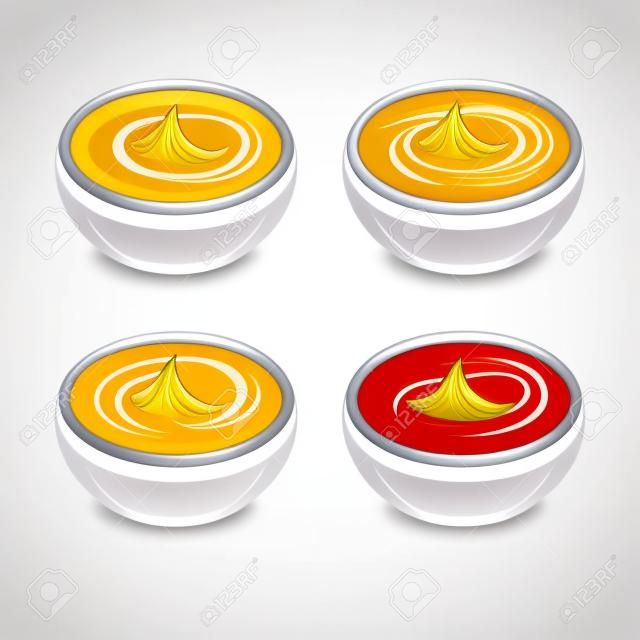 Diferentes salsas gourmet, mostaza, ketchup, soja, adobo en vectores de platos pequeños blancos. Conjunto de varias salsas, ilustración de salsa picante.