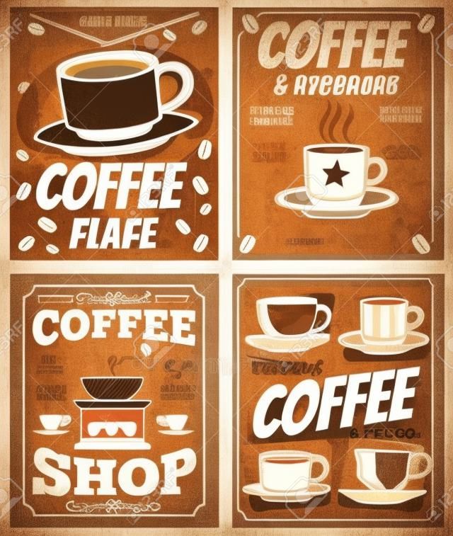 カフェやレストランのレトロなポスターは、コーヒーの染みのテンプレートをベクトルします。コーヒーショップバナーメニュー、ビンテージポスターカフェテリアコーヒーのイラスト