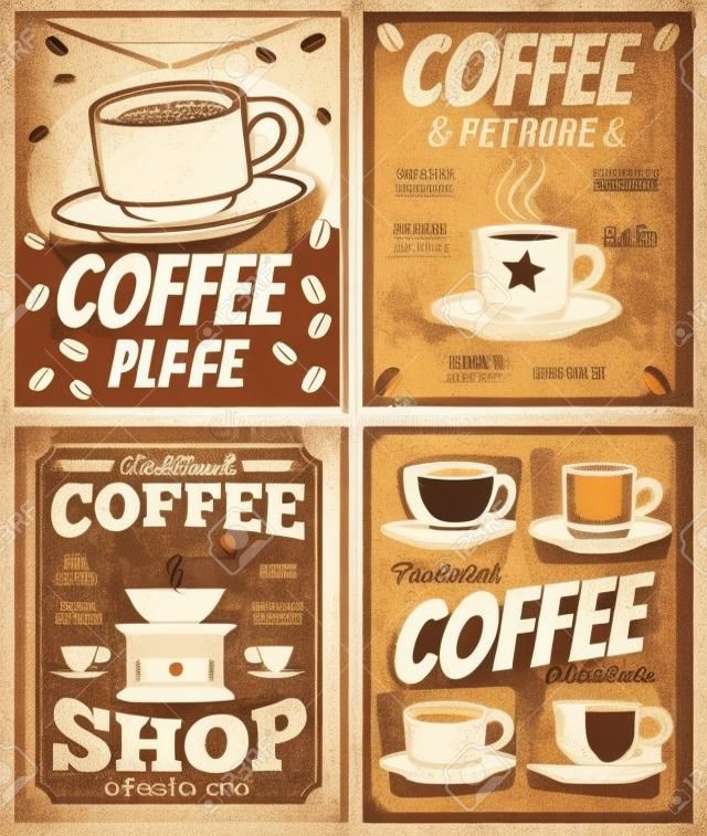 カフェやレストランのレトロなポスターは、コーヒーの染みのテンプレートをベクトルします。コーヒーショップバナーメニュー、ビンテージポスターカフェテリアコーヒーのイラスト
