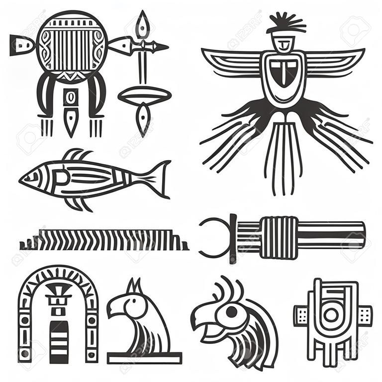 Historic aztec, inca vector symbols, mayan temple pattern, native american culture signs. Tattoo ancient tribes in form of abstract animals illustration