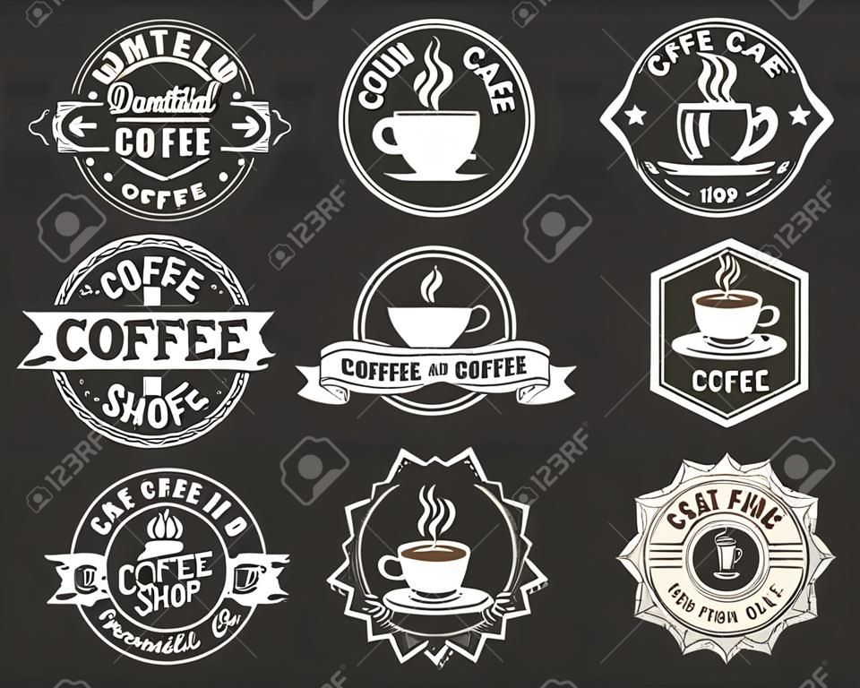 빈티지 커피숍 및 카페 로고, 배지 및 라벨. 커피 장소 엠블럼, 커피 숍 라벨 또는 로고 그림