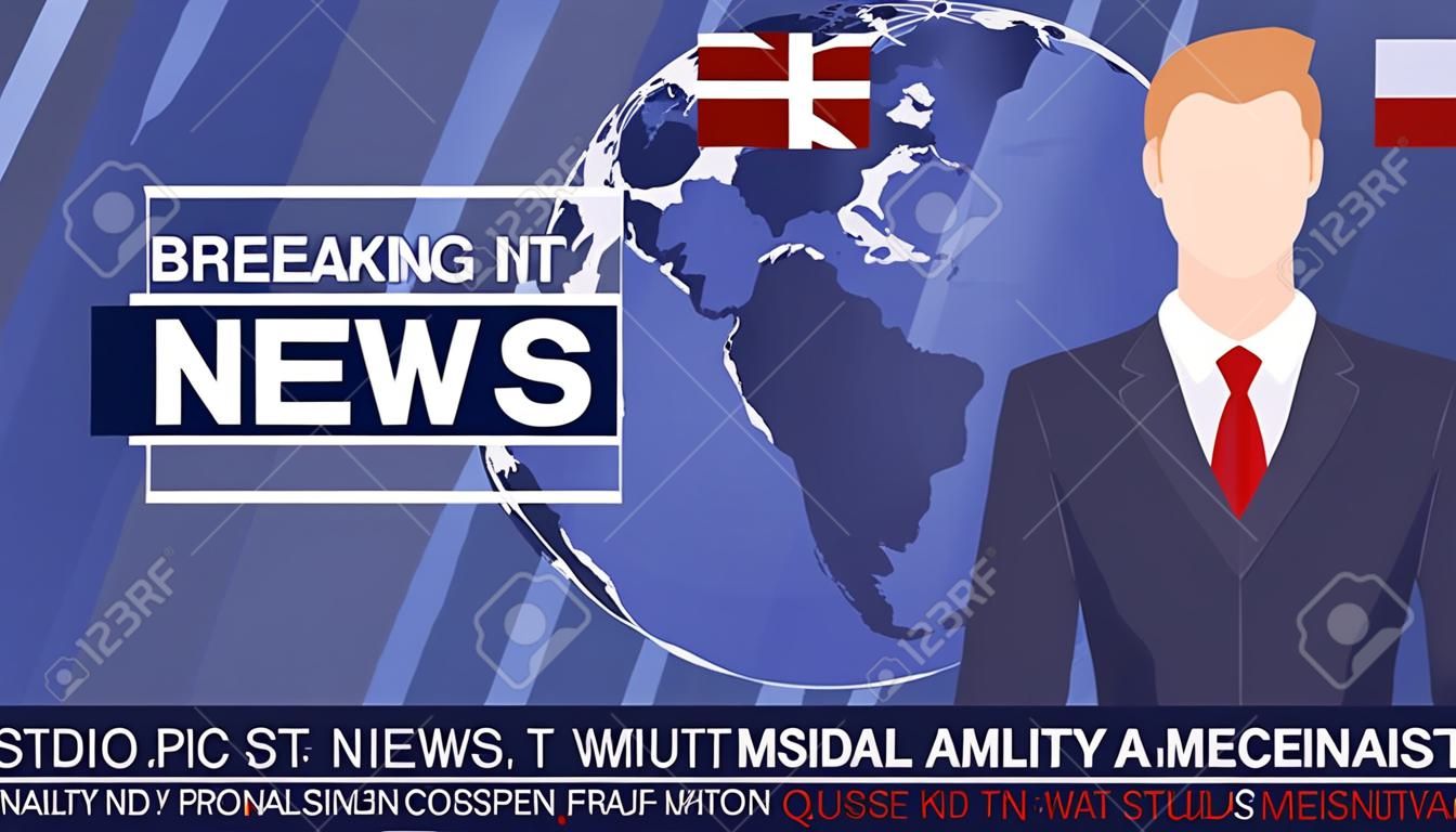 TV news studio with broadcaster and breaking world background vector illustration. Breaking news on tv, broadcasting journalist